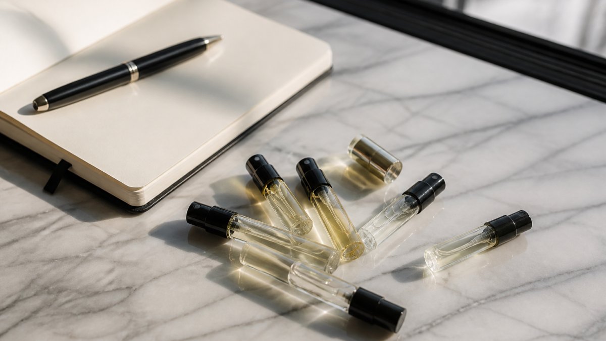 A flat-lay photograph of several small niche fragrance sample vials arranged on a marble surface beside a notebook and pen, with soft natural window light