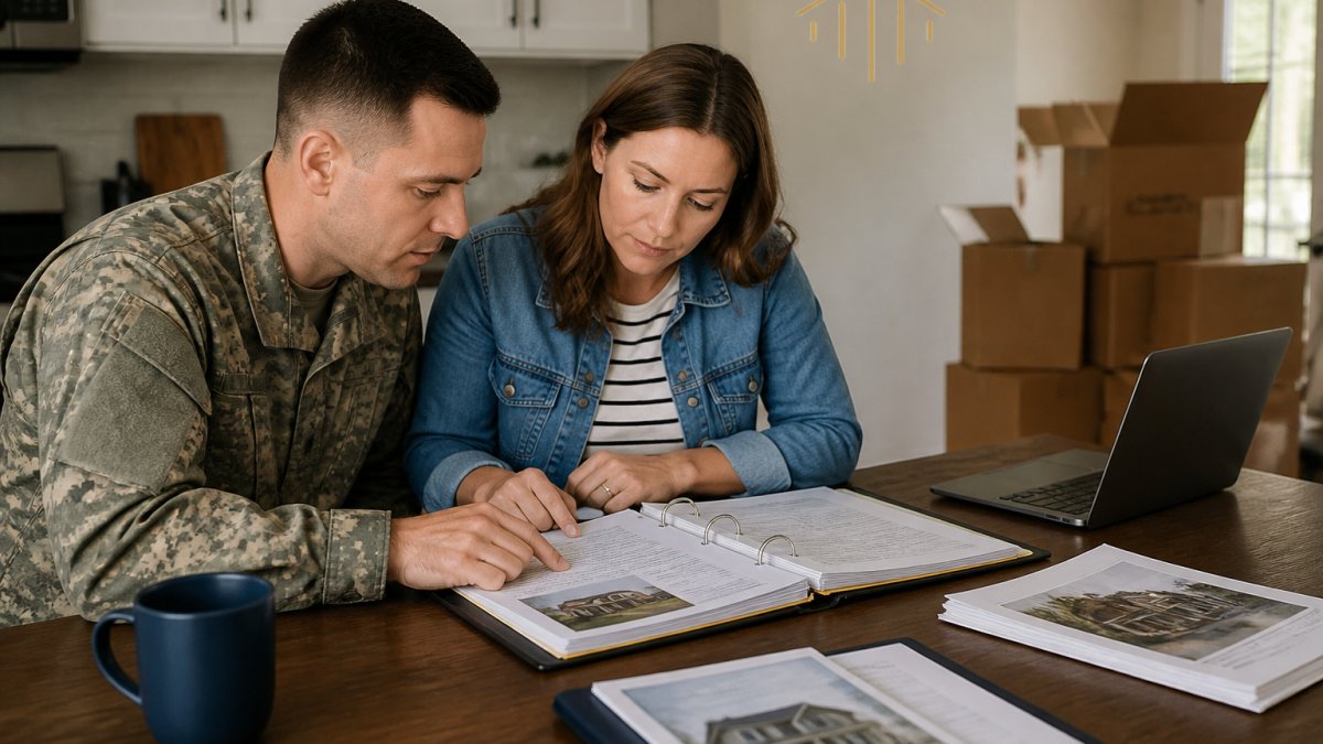 A military family reviewing a moving binder and documents at a kitchen table, with a laptop showing a housing waitlist and packed boxes in the background