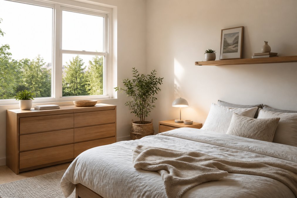 Bright, minimalist bedroom with neatly organized furniture, clear surfaces, soft natural light streaming from a window, and a few carefully chosen decor items on a wooden shelf