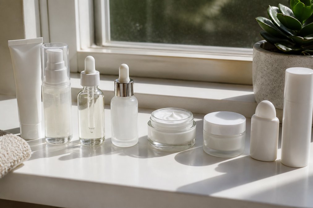 Flat lay of skincare bottles and jars arranged in application order on a clean white bathroom shelf, lightweight serum bottle, peptide moisturiser jar, and supporting products, morning light from window