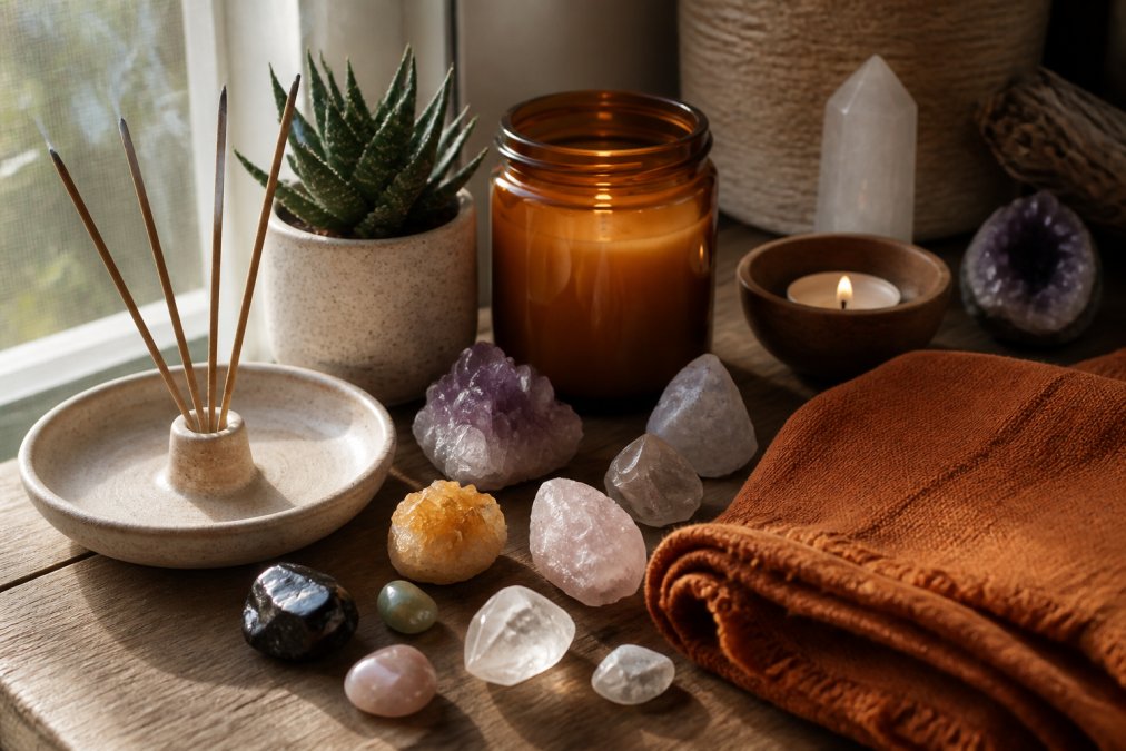 A beautifully arranged personal altar on a wooden surface featuring lit candles, clusters of raw crystals, a bundle of incense sticks in a ceramic holder, a small potted succulent, and a folded altar cloth in warm amber and terracotta tones, photographed with soft natural window light from the left