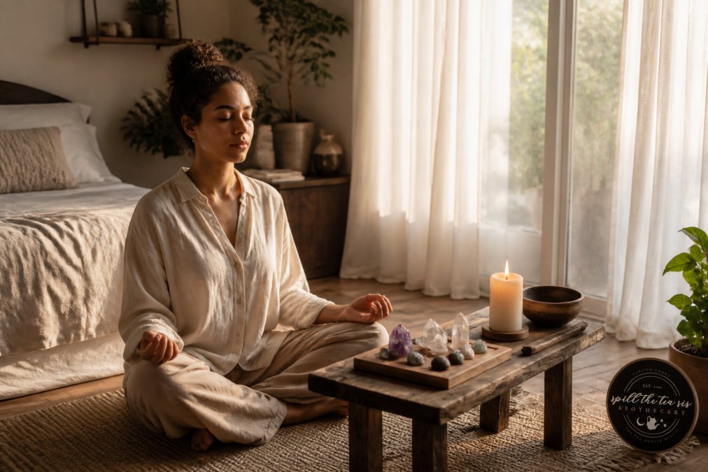 A woman with her eyes closed and hands resting gently on her knees, seated cross-legged in front of a small altar with a lit candle and a cluster of crystals on a low wooden table, in a calm bedroom with warm morning light filtering through sheer curtains