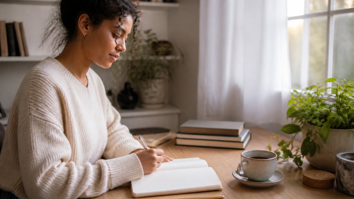 Person writing personal goals and values in a notebook at a sunlit desk
