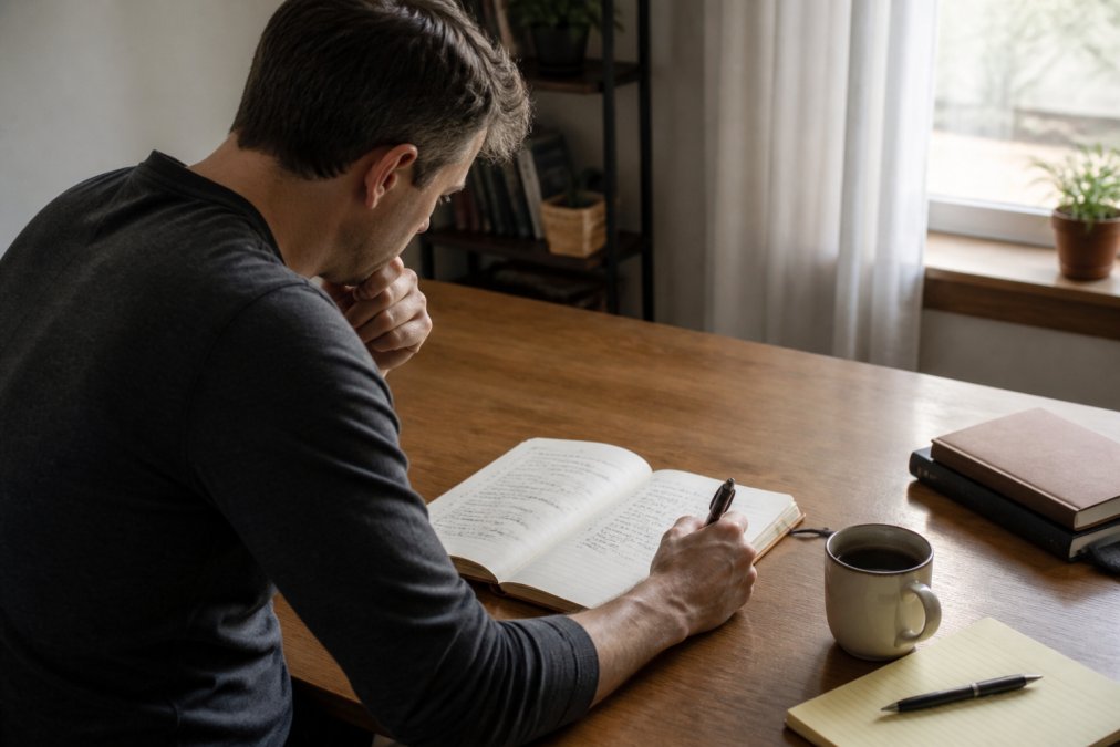 A person sitting at a tidy wooden desk with an open notebook, laptop, and coffee mug, reviewing a handwritten daily schedule in soft morning light