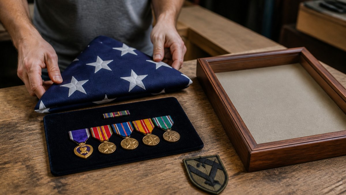 Hands carefully arranging a folded flag, medals, and a unit patch inside a wooden display frame on a workbench.