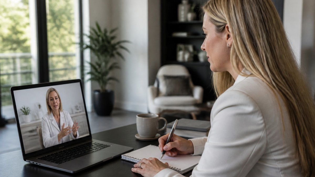 Woman in business attire having a video consultation with a doctor from her home office desk