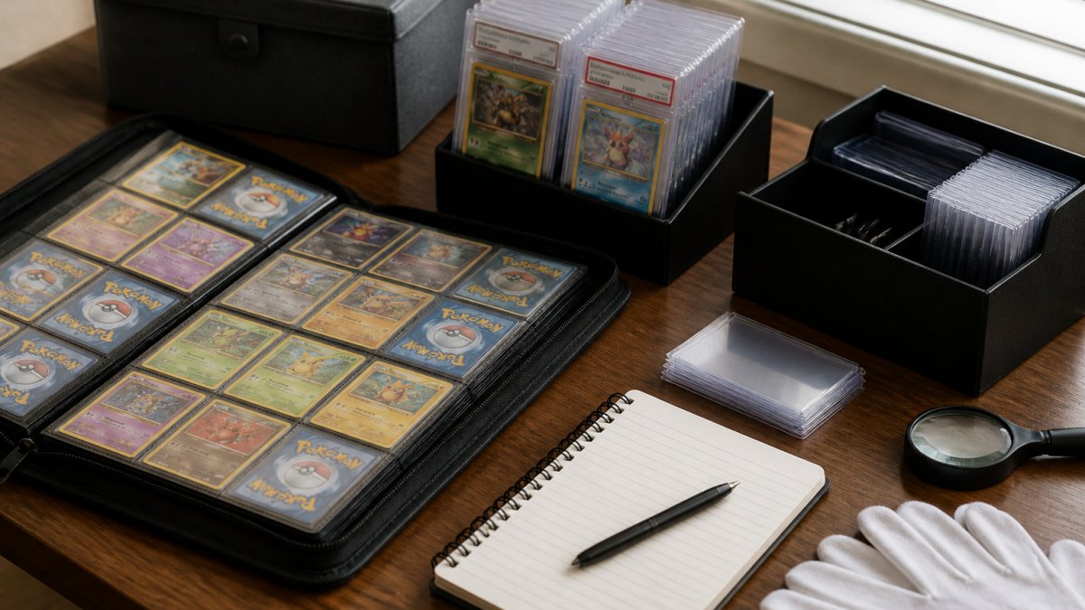 Collector workspace featuring an organized card binder, graded cards in protective cases, and a digital inventory