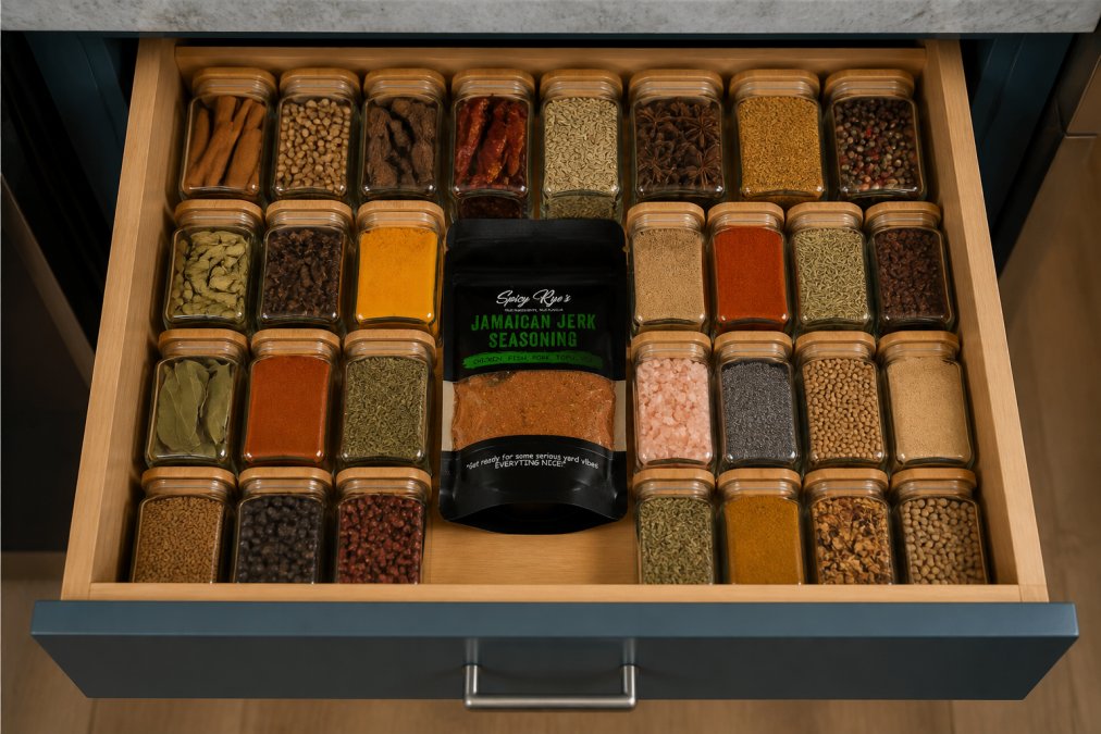 Overhead view of an organized spice drawer with airtight glass jars, handwritten labels, and various whole spices visible inside clear containers arranged neatly by type