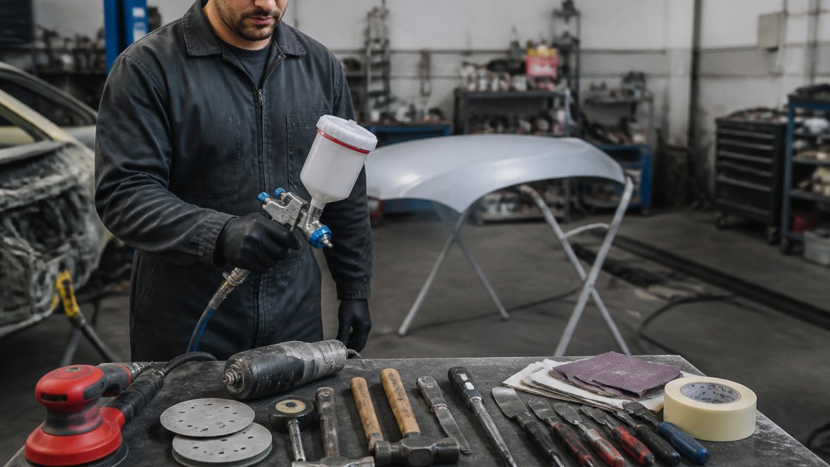 Technician holding a paint spray gun in a shop with an auto body shop supply list of tools on the workbench