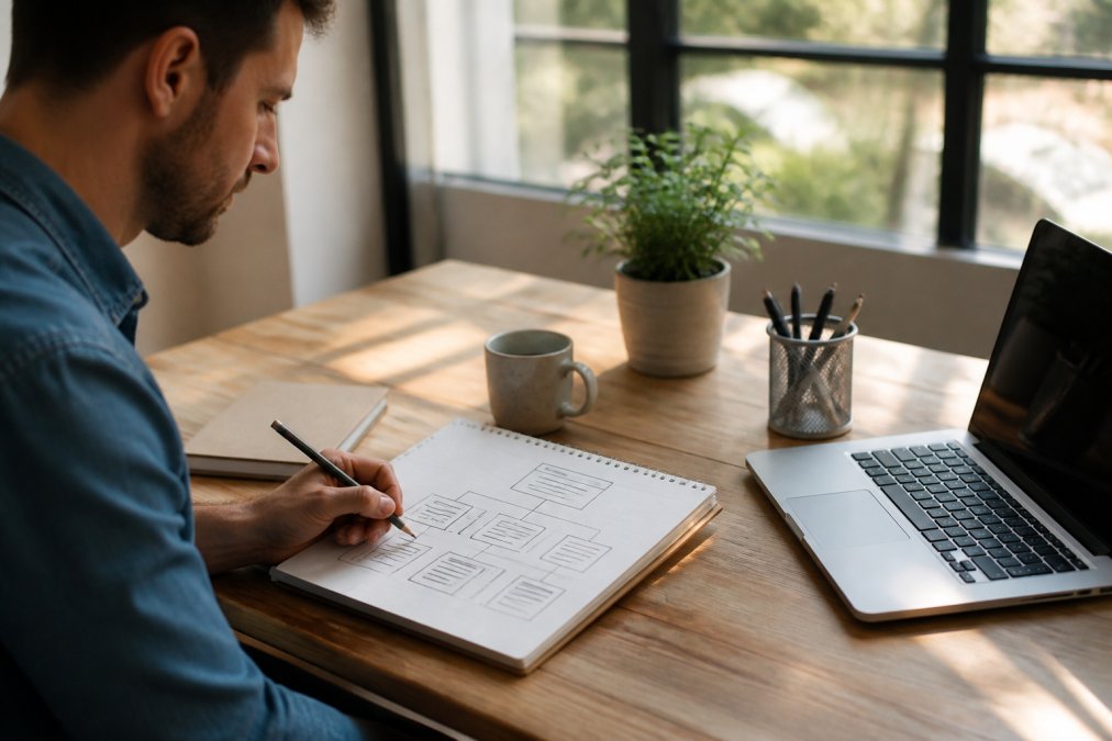 A small business owner sketching a website sitemap on paper at a wooden desk with a laptop open nearby, natural window light falling across the page