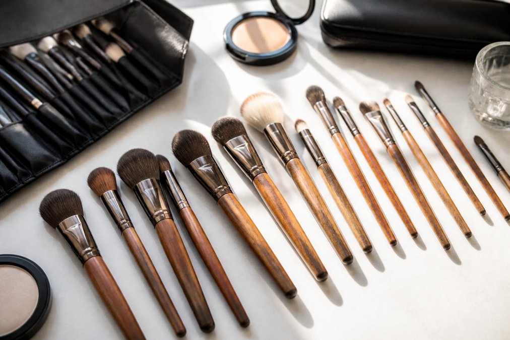 A neatly organised professional makeup brush set displayed on a clean, well-lit vanity table, showing various brush head shapes and natural wood handles, with soft daylight streaming across the bristles