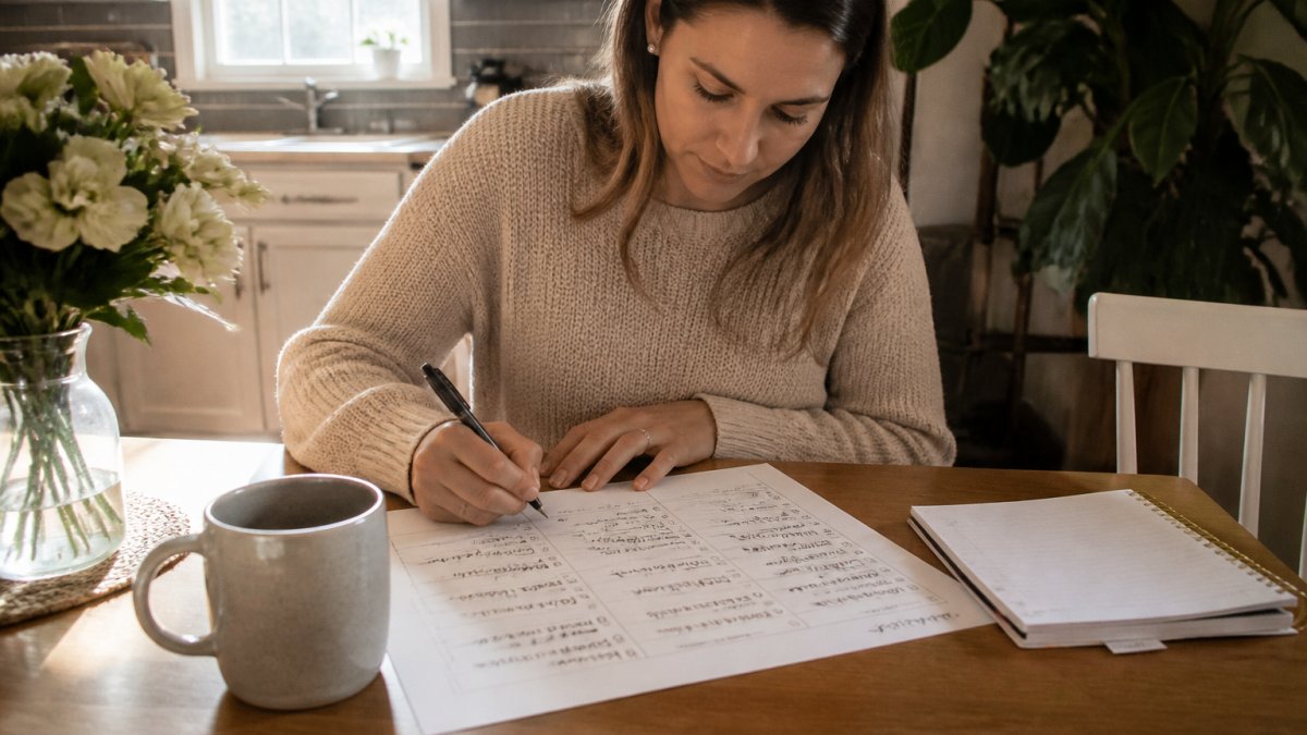 Mom working at a kitchen table with a profitable business roadmap template and handwritten milestones.