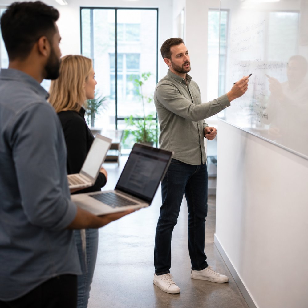 Sales operations manager writing a target account list on a whiteboard in a bright modern office, colleagues reviewing CRM data on laptops in the foreground