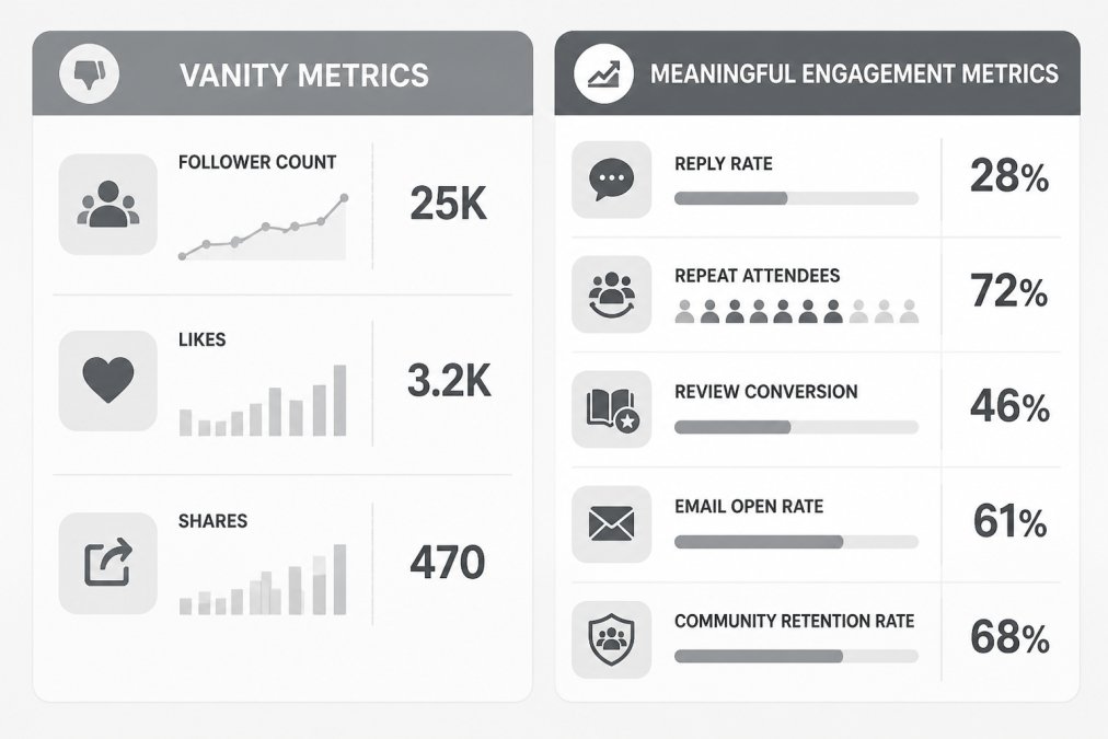 Matrix comparing vanity versus engagement metrics for a reader community, highlighting key success indicators.