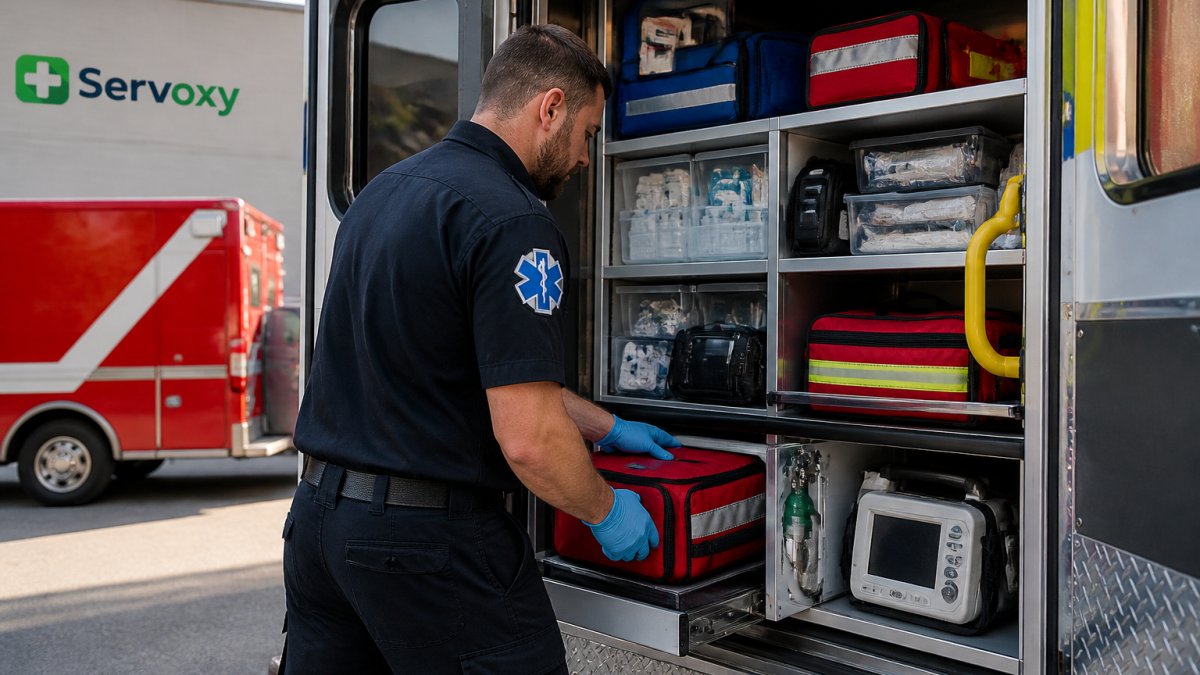Paramedic organizing medical supplies and first aid kits inside an emergency vehicle for field readiness