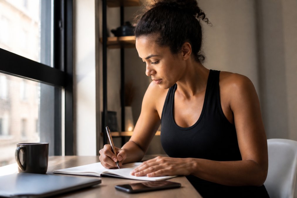 A young professional in athletic wear sitting at a desk with a notebook, writing during a morning routine, natural light through a window, determined expression