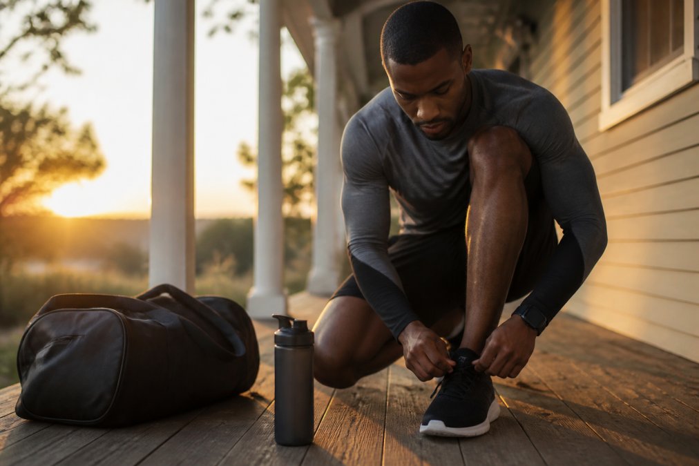 An athlete tying their running shoes on a porch at sunrise, calm and focused, with a water bottle and gym bag nearby, soft golden light across the scene