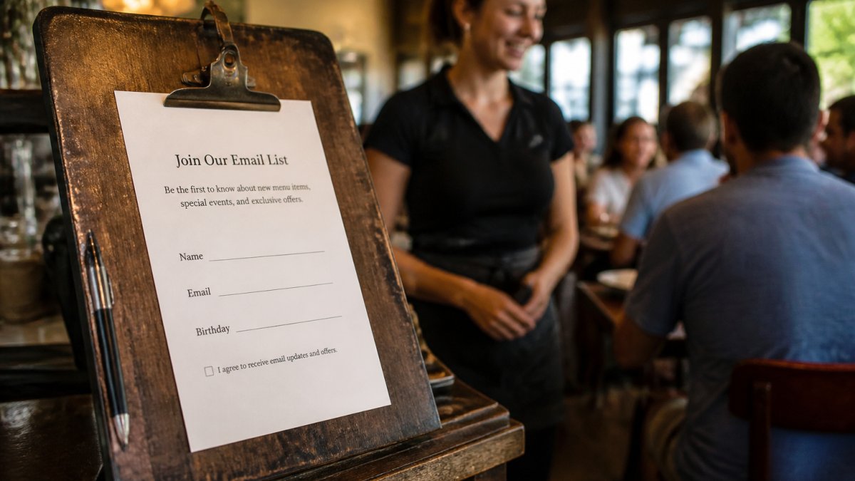 Close-up of a tablet on a host stand displaying a simple signup form, with a server smiling in the background of a busy restaurant