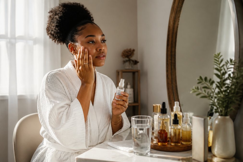 A woman sitting at a vanity in soft morning light, applying skincare products with a calm, intentional expression, surrounded by neatly arranged beauty items and a glass of water