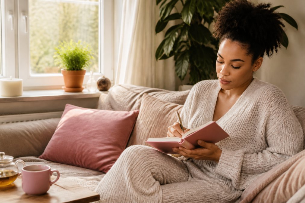 A woman writing in a journal on a cozy couch with a cup of tea nearby, natural light coming through a window, conveying a peaceful and reflective mood