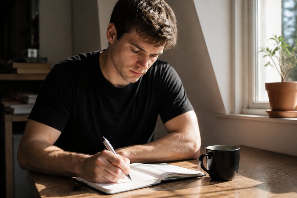 Young entrepreneur writing in a journal at a wooden desk to cultivate a self-made mindset during the early morning.