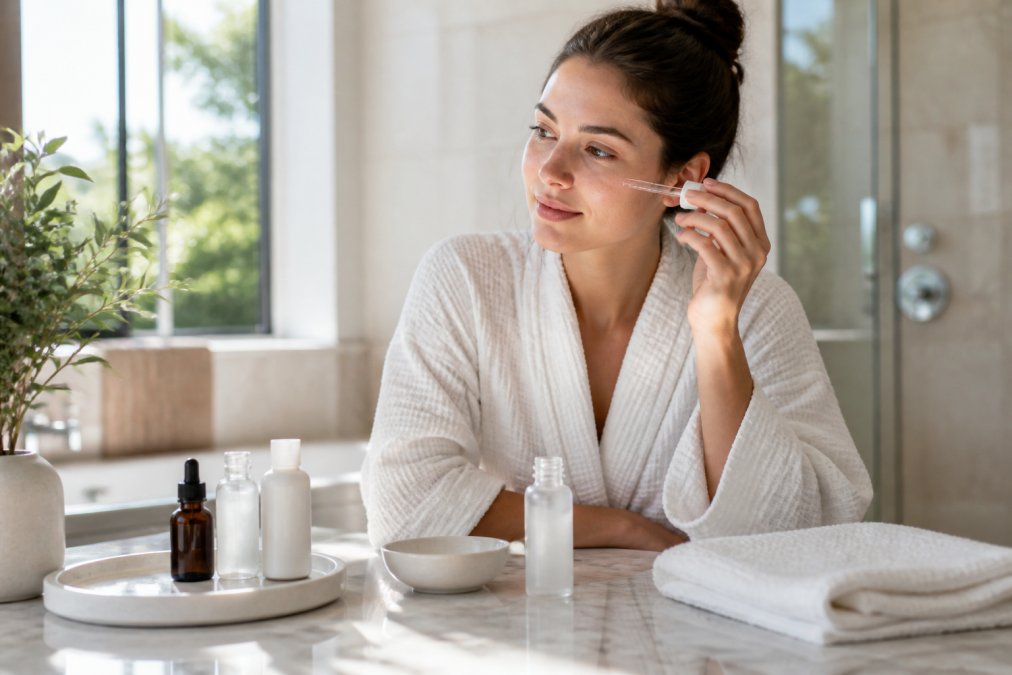 A young woman in a bright bathroom applying facial serum with a dropper, surrounded by a few clean beauty products on a marble counter, morning light streaming through a window