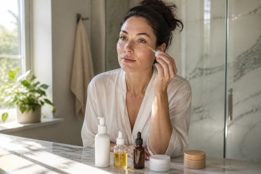 A woman in her 30s standing at a bathroom vanity applying serum to her face, with a few skincare bottles arranged neatly on a marble counter, soft morning light coming through a window