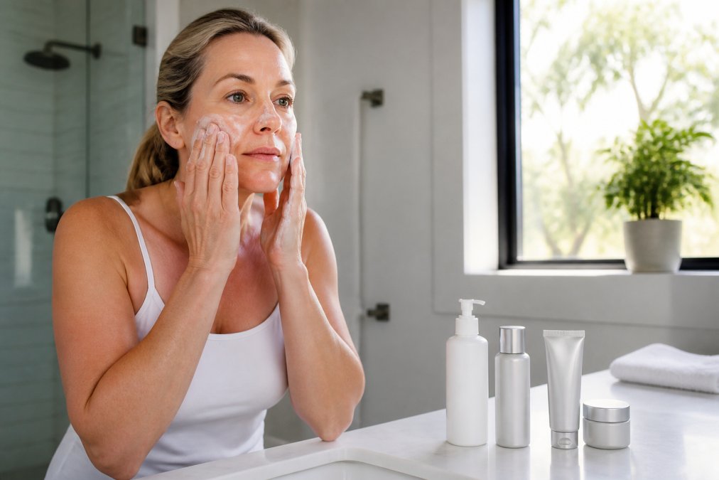 Woman in her 40s applying cleanser at a vanity to start her daily skincare regimen with four essential products.