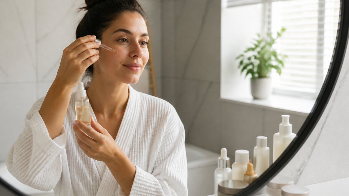 Woman applying facial serum in a bright bathroom as part of her daily skincare routine
