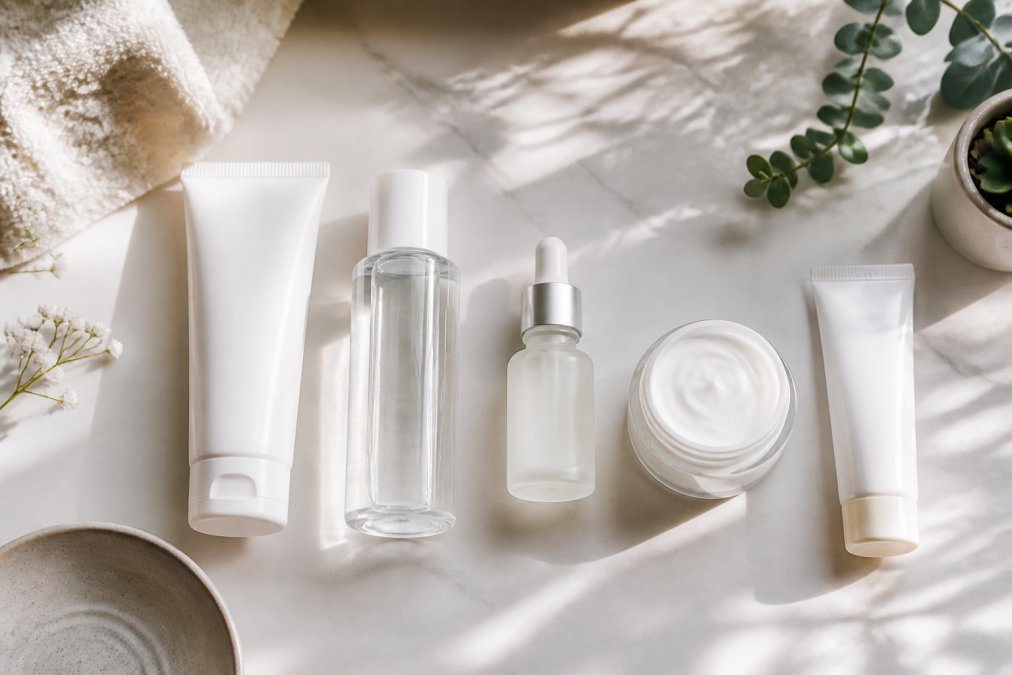 A flat lay photo of a complete skincare routine on a clean white surface: a gentle cleanser, a toner bottle, a serum with a dropper, a moisturizer jar, and a sunscreen tube, arranged in the order they are applied