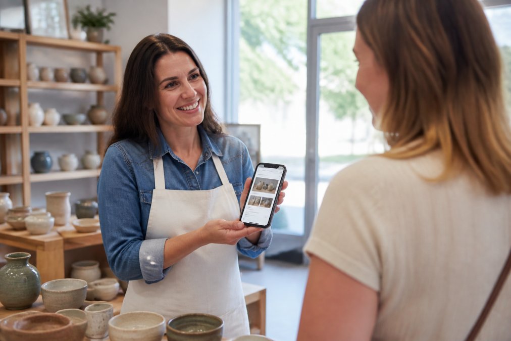 A small business owner smiling while showing a mobile website to a customer in a modern, bright storefront, with the phone screen visible