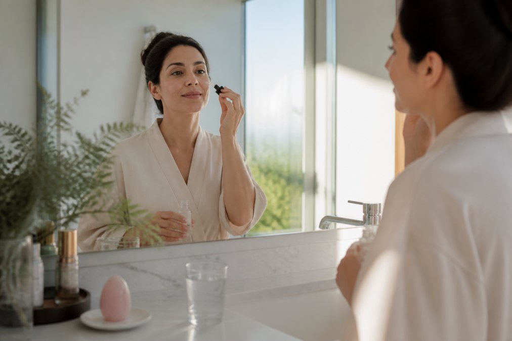 A professional woman in her 30s standing at a bathroom vanity, applying skincare serum with a calm expression, morning light streaming through a window, a crystal meditation tool and a glass of water visible on the counter