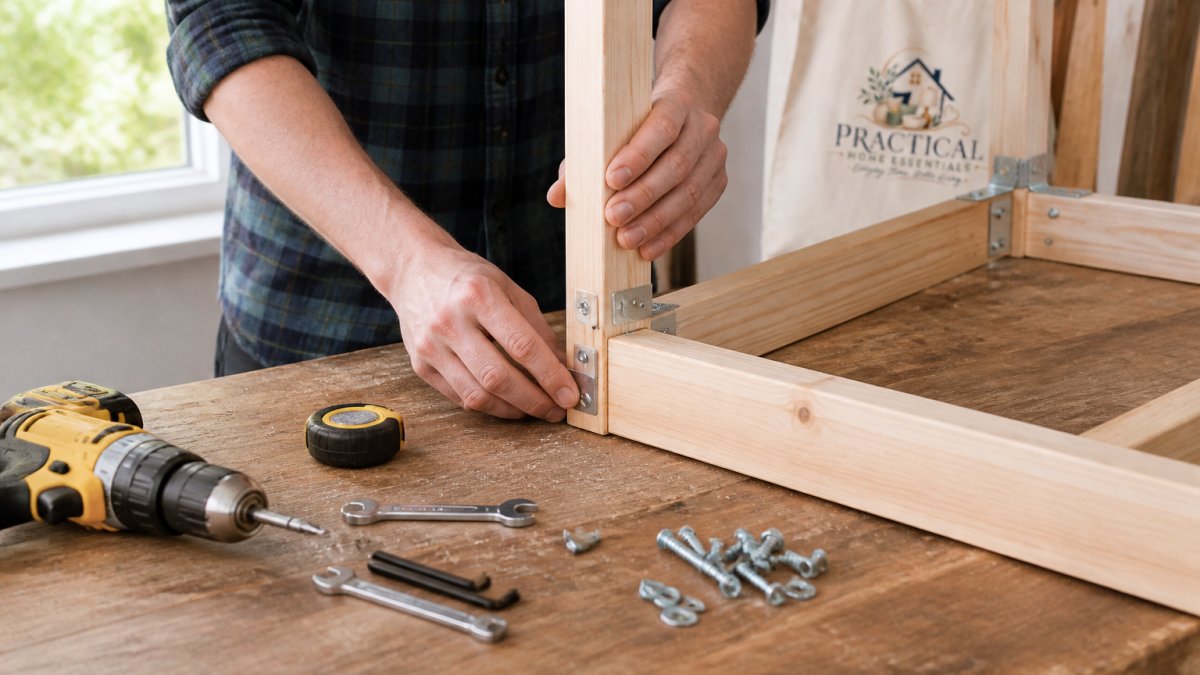 Hands assembling wooden frame pieces with metal brackets and fasteners on a workbench, showing construction in progress with tools and hardware scattered nearby