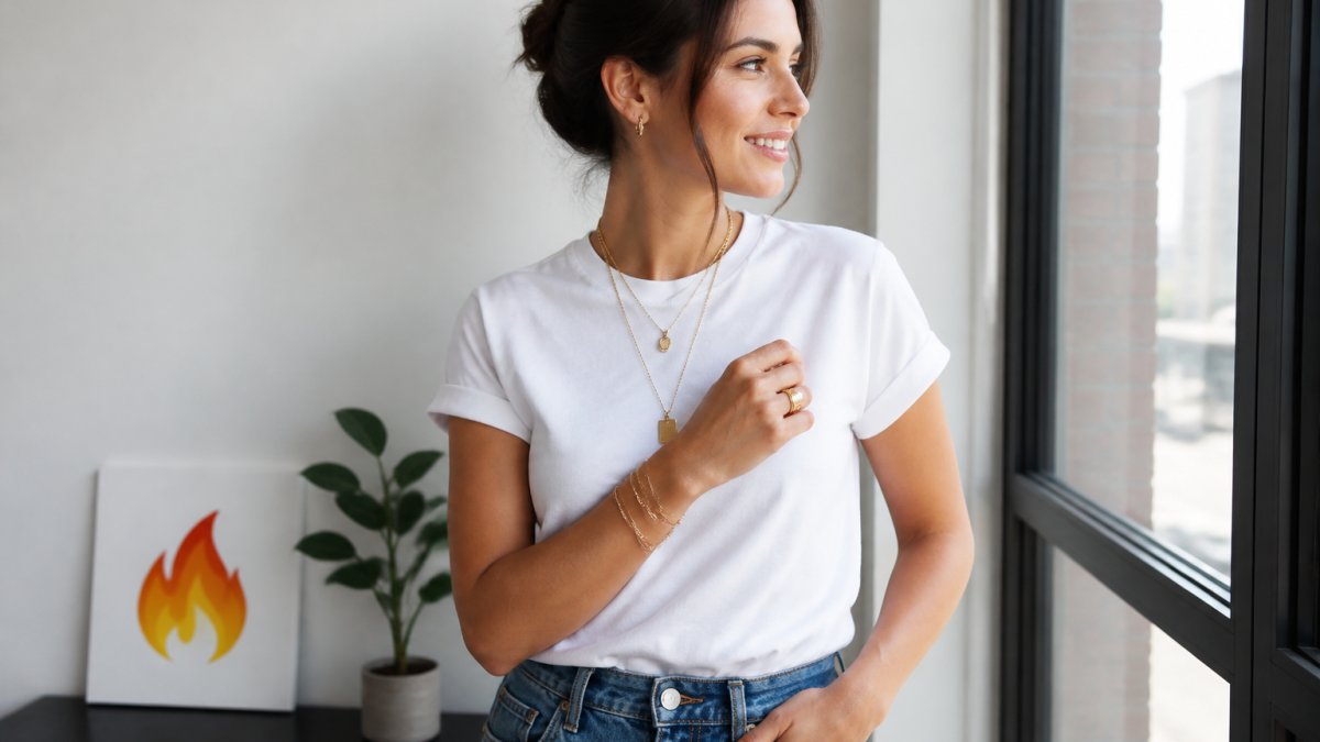 Woman wearing a simple white t-shirt and jeans styled with layered gold necklaces, stacked delicate bracelets, and a statement ring, standing in natural daylight by a window showing how accessories transform a basic outfit