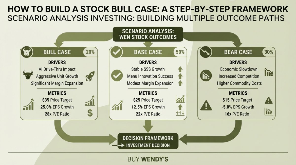 Investor reviewing financial documents and notes on a desk with a laptop, coffee cup, and notebook showing handwritten analysis and scenario planning with multiple columns labeled Bull, Base, and Bear