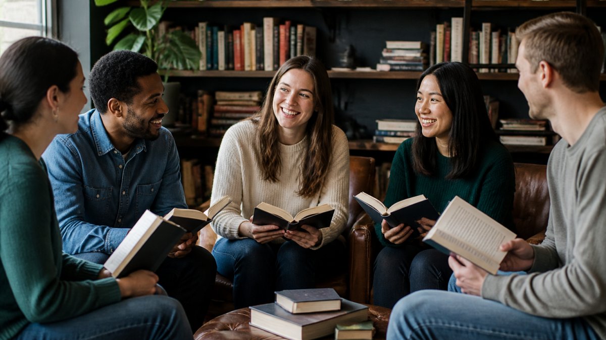 A diverse group of book enthusiasts gathered in a cozy library setting, holding advance reader copies and discussing books together, with warm lighting and shelves visible in the background