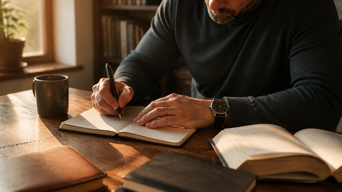 Man sitting at a wooden desk writing personal values to develop a strong moral compass in a sunlit study.