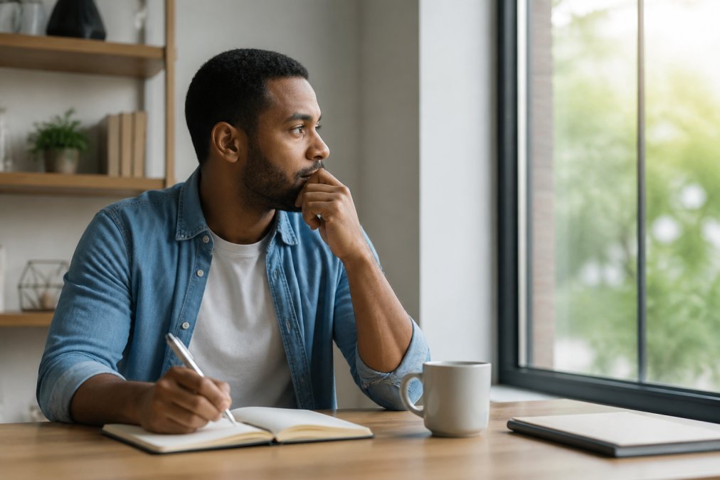 Person sitting at a desk with notebook and pen, reflecting thoughtfully while looking out a window, natural daylight streaming in