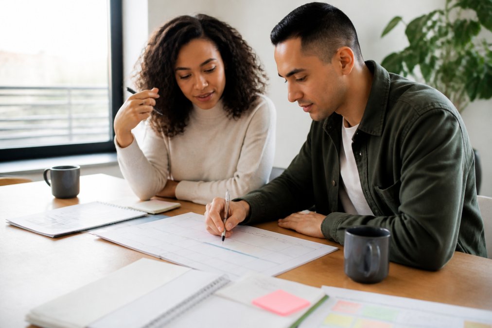 Two people working together at a table with planning documents, coffee cups, and a calendar visible, collaborative and focused atmosphere