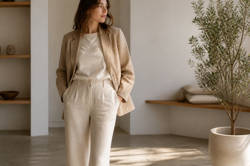 Woman wearing a coordinated outfit featuring natural linen and organic cotton pieces in neutral tones, layered with a blazer, photographed in soft natural daylight in a minimalist interior space