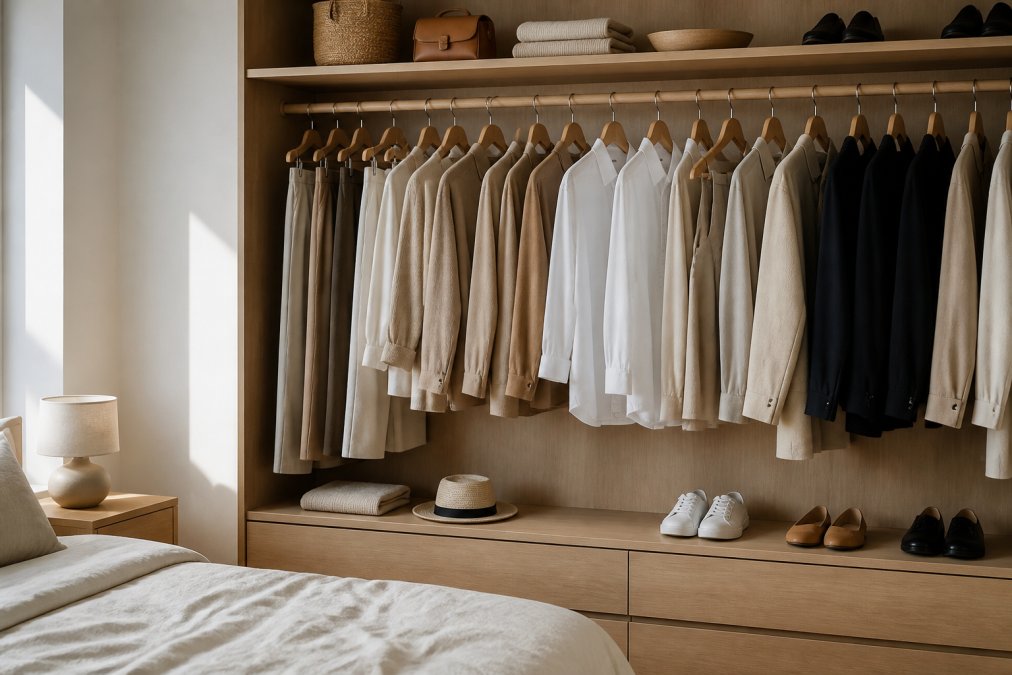 A neatly organized open wardrobe showing a curated selection of neutral-toned clothing, linen trousers, a crisp white shirt, a tailored blazer, and simple accessories, arranged by color on wooden hangers in a bright, minimal bedroom with warm natural light