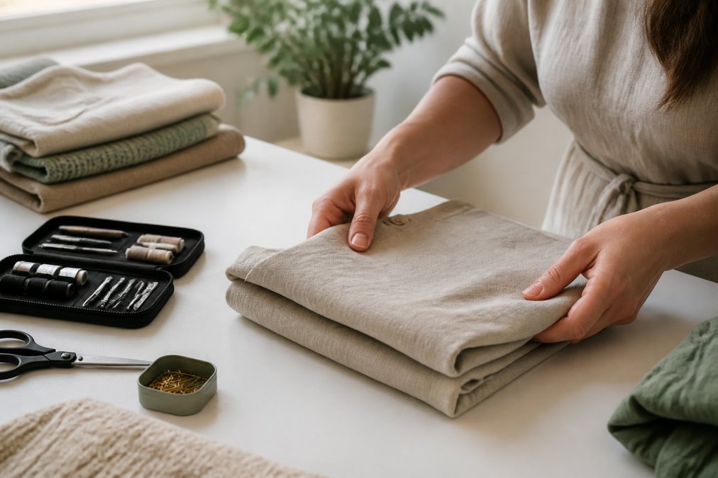Close-up of a woman's hands carefully folding a neatly pressed linen garment on a clean white surface, with a small sewing kit and a fabric care label visible nearby, warm natural light from a nearby window