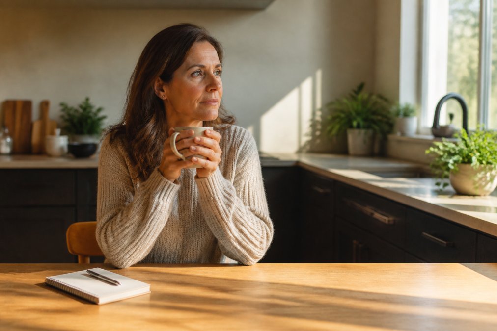 Infographic showing daily habits for a sustainable future alongside a woman reflecting at her kitchen table.