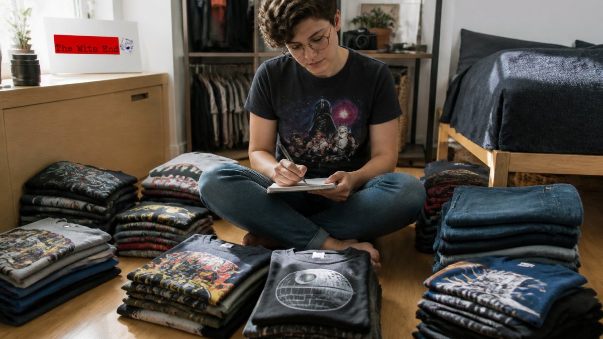 A person sitting cross-legged on a bedroom floor surrounded by piles of folded graphic tees and jeans, holding a notepad and pen while sorting clothes in soft afternoon light