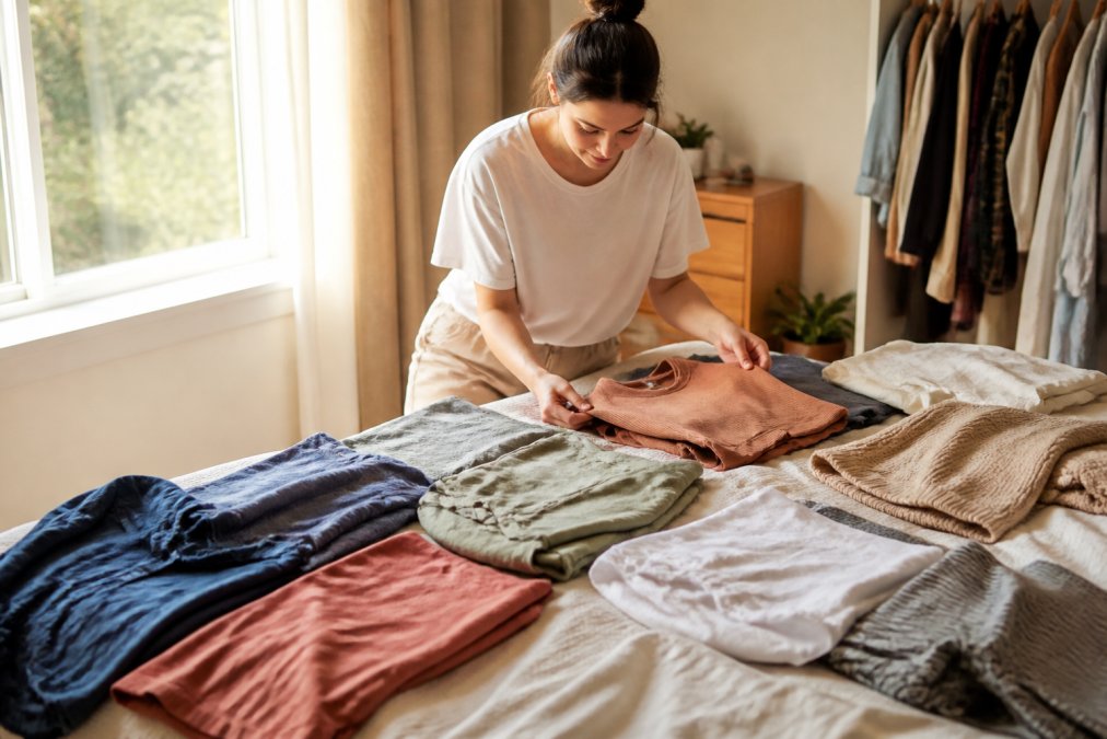 Person laying out clothing items on a bed, organizing and reviewing pieces from their closet, natural afternoon light streaming through bedroom window