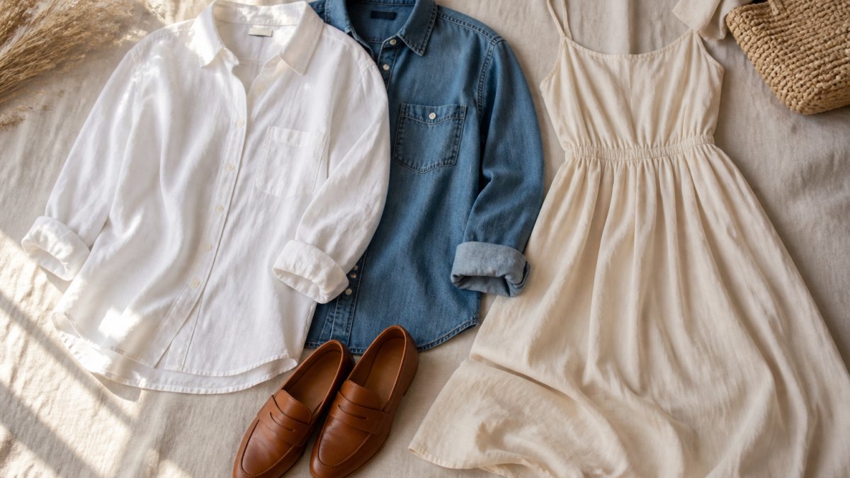 Neutral linen shirt, denim top, maxi dress, and loafers arranged on a linen background in soft morning light.