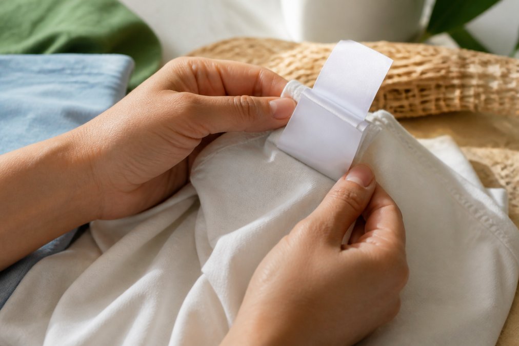 Close-up of hands examining clothing label and fiber content tag on a white cotton garment, natural daylight streaming across the fabric