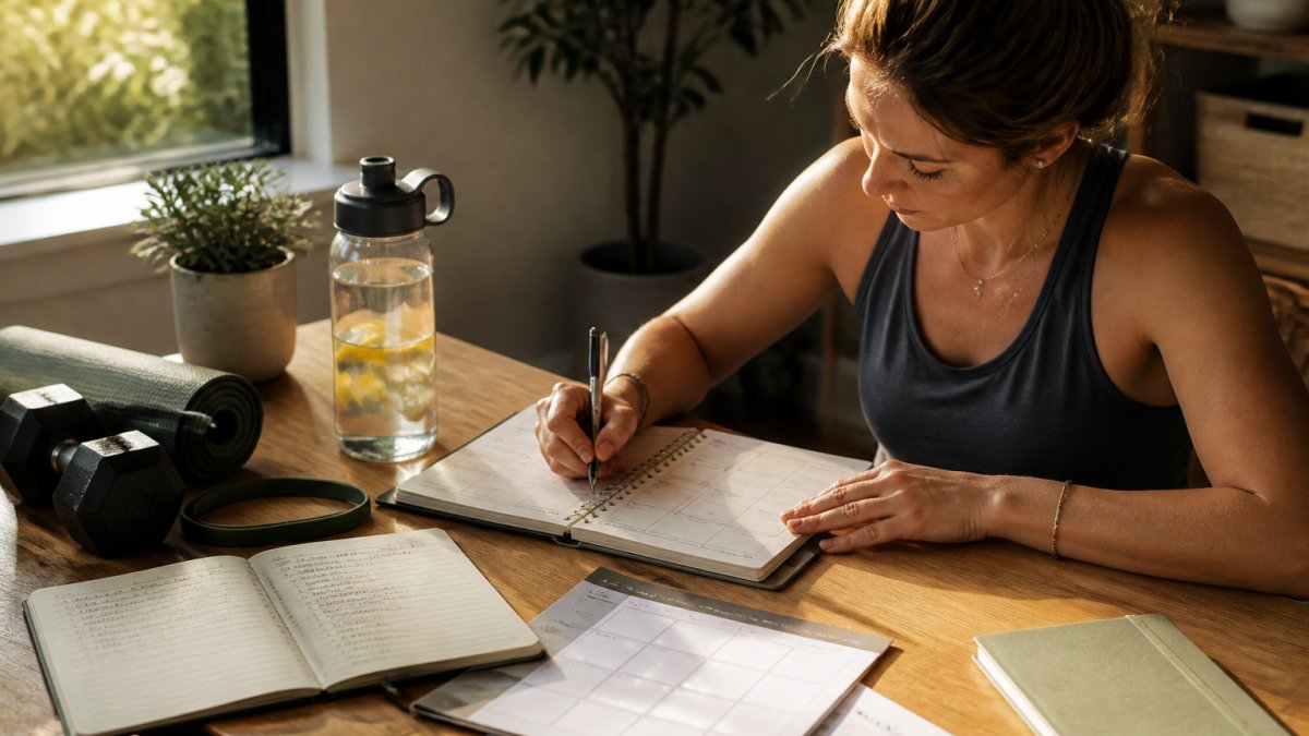 Person sitting at wooden desk writing in wellness planner with water bottle and notebook visible, natural morning light streaming through window, calendar and wellness tracking sheets spread out