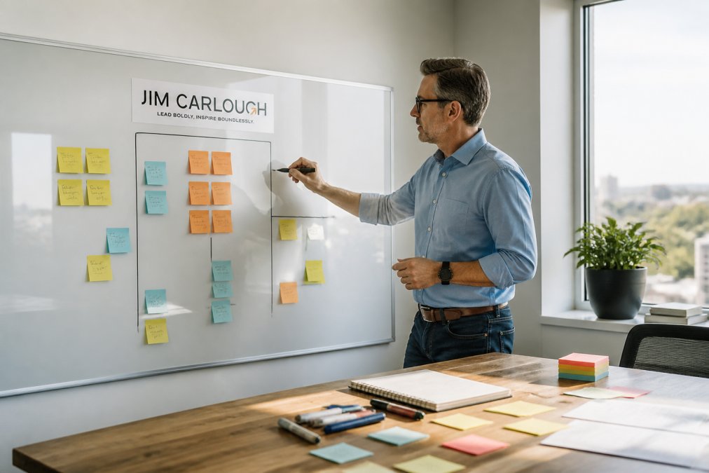 A leader in business casual attire writing on a whiteboard, mapping out a development framework with sticky notes and colorful markers in a bright, modern office