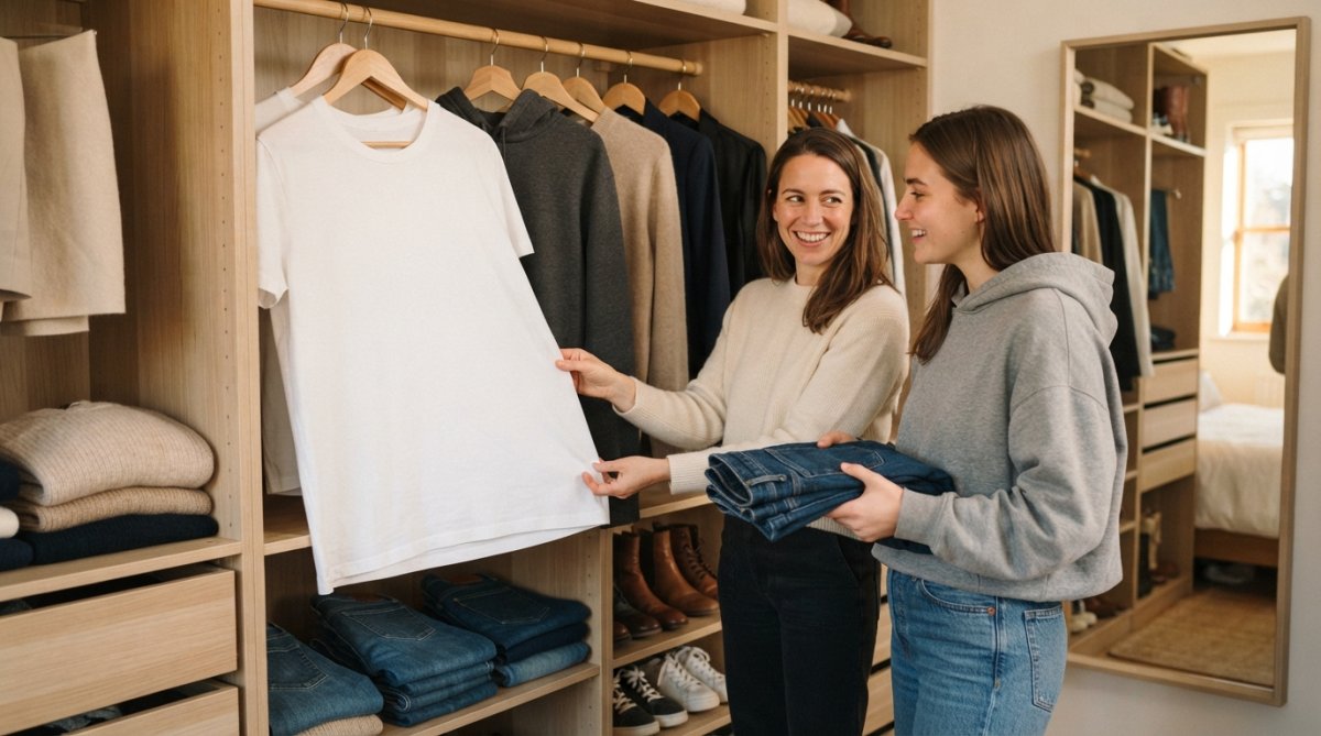 Neatly organized closet with neutral investment pieces for a capsule wardrobe on wooden hangers
